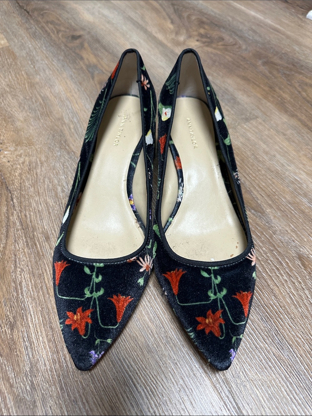 Ann Taylor Black Velvet Pointed Toe Heels with Red Floral print